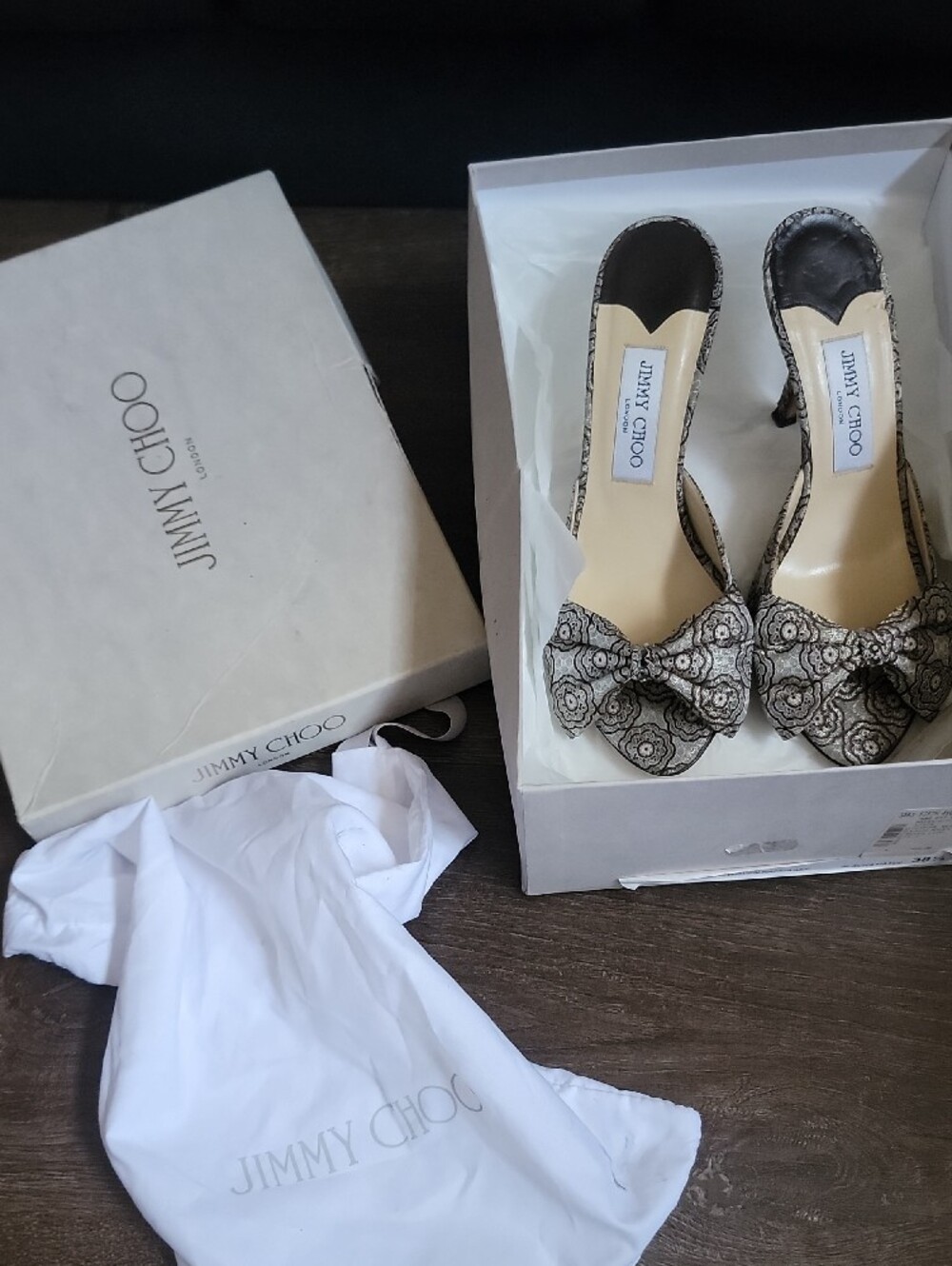 Jimmy Choo Gold Brocade Knot Peep-Toe Stiletto Heels